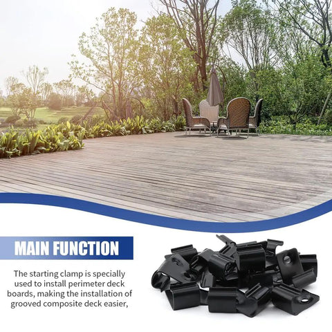 Hidden Deck Starter Clips For Grooved Composite Decking With Fifty Invisible Edge Fasteners For Slick Perimeter Install And Zero Exposed Screw Holes On Your Next Super Tight Deck Build on a composite deck surface.