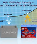 Image comparing two batteries, highlighting 12V 100Ah LiFePO4 Battery With Built In 100A Smart BMS For RV Trolling Motor Marine Boat Solar Panel