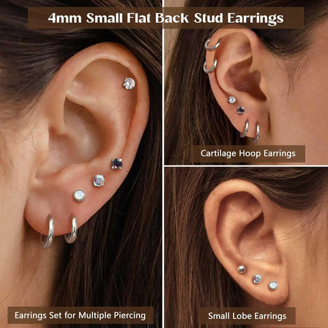 Hypoallergenic Surgical Steel Earrings For Sensitive Ears, Unisex Stud Hoop With Opal And AAA Cubic Zirconia, Flat Back Cartilage Earring Studs, Small Ball Hoop, Nickel Free, Tarnish Resistant, Silver Tone, 4mm studs on ear