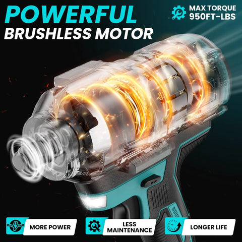 Transparent view of Beefy Half Inch Cordless Impact Wrench With 950 Ft Lbs Torque, Brushless Power Tool showing motor details.