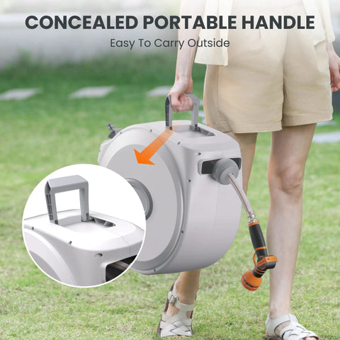 Person carrying CW20 Retractable Garden Hose Reel 60 Foot 5 Eighth Inch Heavy Duty Water Hose Reel With Auto Rewind, light grey handle