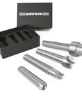 Front view of BMWOOD 4-piece MT2 woodturning lathe live and drive center set with four silver tools and black box