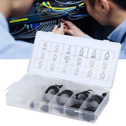 300 Piece E Clip Kit With 2mm To 32mm External Retaining Rings Set In Hardened Metal, plastic case displayed