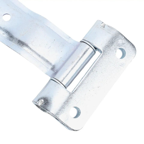 12 Inch Offset Bent Strap Hinge For RV Enclosed Cargo Trailer Doors, close-up view of metal hinge with bolts visible on frame