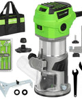 Slick Quick Release 6.5 Amp Compact Wood Router With Fixed Base featuring variable speed dial and accessories for DIY projects.