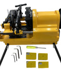 Built Tough Electric Pipe Threader Machine Half To Four Inch Range Featuring 4 Point 9 Inch Chuck with accessories and tools.