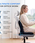 Woman seated in ergonomic chair promoting comfort for office work, showcasing lumbar support and posture benefits.