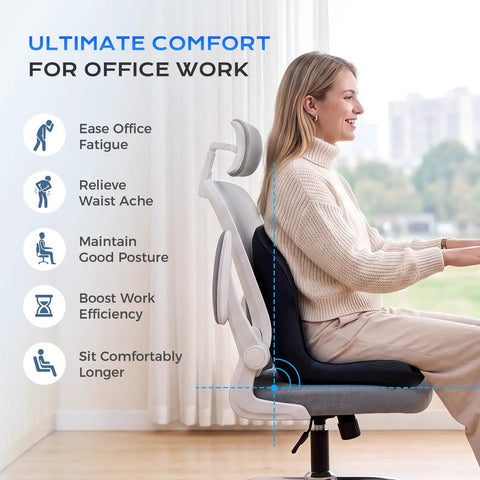 Woman seated in ergonomic chair promoting comfort for office work, showcasing lumbar support and posture benefits.