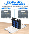 34 Compartment Double Sided Parts Organizer Box With Removable Dividers Durable Blue Storage Case open on table