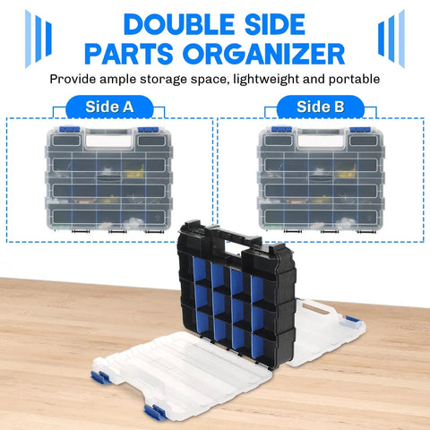 34 Compartment Double Sided Parts Organizer Box With Removable Dividers Durable Blue Storage Case open on table