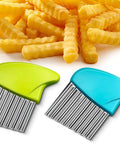 Two stainless steel crinkle cutters with green and blue handles for crinkle-cut fries and vegetables