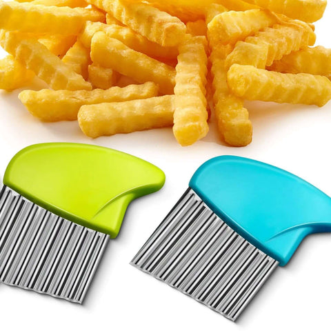 Two stainless steel crinkle cutters with green and blue handles for crinkle-cut fries and vegetables