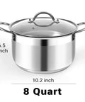 8 Quart Stainless Steel Stock Pot With Heavy Duty 5 Layer Bottom For Induction Cooking, Visible Glass Lid shown with dimensions