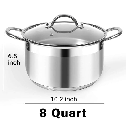 8 Quart Stainless Steel Stock Pot With Heavy Duty 5 Layer Bottom For Induction Cooking, Visible Glass Lid shown with dimensions