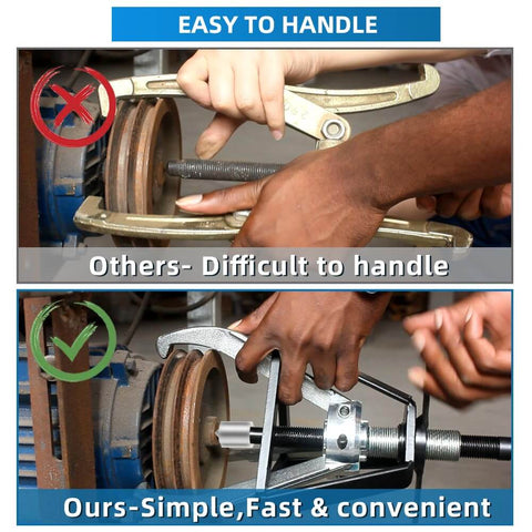 Heavy Duty Three Jaw Gear Puller, 2 Ton Pulley Removal Tool being used to remove a pulley, highlighting ease of grip and operation.