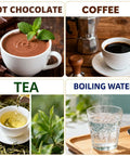 Hot chocolate, coffee, tea, and boiling water displayed in separate cups and glasses with ingredients in background.