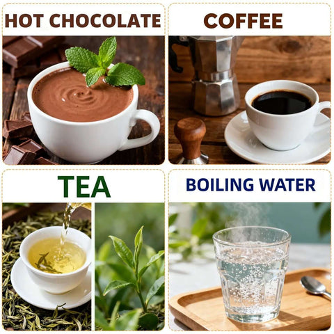 Hot chocolate, coffee, tea, and boiling water displayed in separate cups and glasses with ingredients in background.