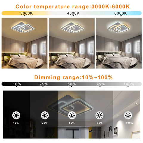 Dimmable Acrylic Ceiling Light With Remote Control Dope Modern LED Fixture Close To Ceiling Square Chandelier For Bedroom Kitchen Kids Room 72W White Finish showing dimming and color temperature range