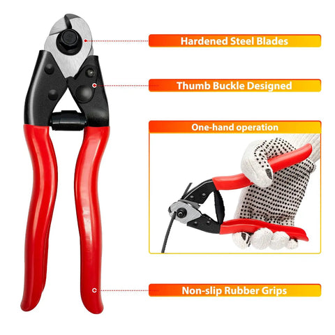 Marine Grade T316L Stainless Steel Cable 220 Foot Black Wire Rope One Eighth Inch 7 by 7 Strands for Stair Fence Deck Cable Railing System Comes With Wire Cutter, featuring red-handled cutting tool.