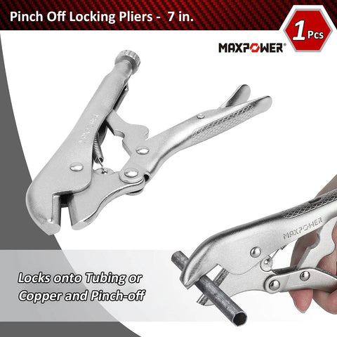 Pro Grade 15 Piece Locking Pliers Set With C Clamps Long Nose Pliers Pinch Off Pliers Sheet Metal Clamp U Shaped Pliers And Tool Bag Built For DIYers And Pros, showing 7-inch pinch off locking pliers.