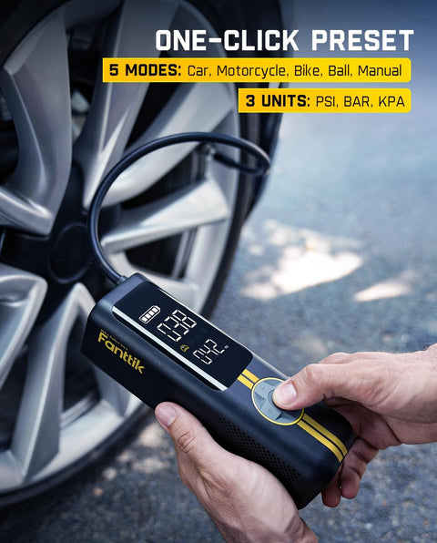 Person using X8 APEX EV Tire Inflator Portable Air Pump With 2X Faster Inflation 150 PSI Cordless Air Compressor by car wheel