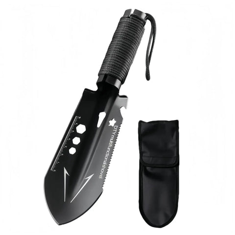 Ultra Lightweight Nine In One Camping Shovel Multitool With Bottle Opener Nail Puller Ruler Hex Wrench Saw For Backpacking Hiking Gardening And Outdoor Survival Black with sheath.