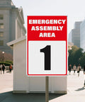 Front view of 'Emergency Assembly Area' sign reflecting sunlight in an urban setting