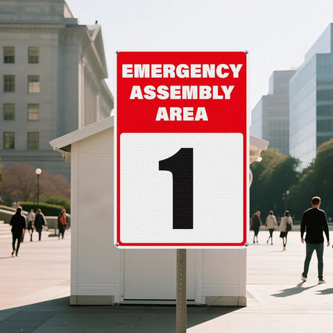 Front view of 'Emergency Assembly Area' sign reflecting sunlight in an urban setting