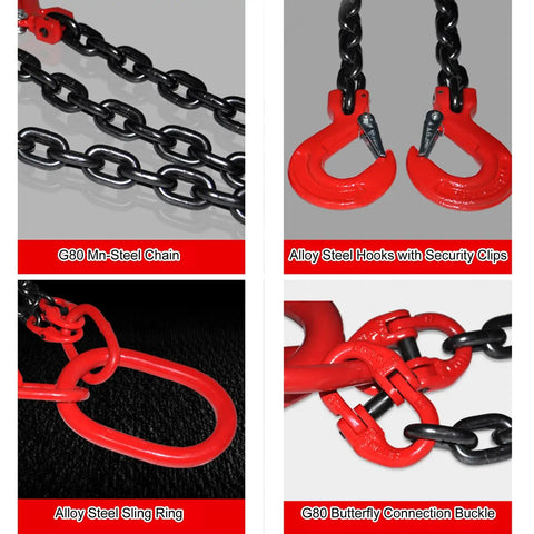 Heavy Duty 4 Strand Chain Sling Featuring Rock Solid Self Locking Hook 6614 Lbs Capacity 3 Ton Engine Hoist Adjustable 2 To 13 Ft Length showing G80 chain and hooks.