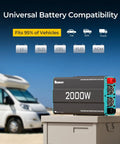 2000W Pure Sine Wave Inverter 12V Dc To 120V Ac Power Converter For Rv Truck And Van With 4000W Peak Surge displaying compatibility with various battery types.