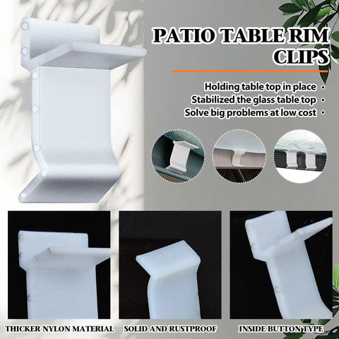 16 Pack Table Rim Clips For Glass And Acrylic Tabletops Nylon White Clips One And One Quarter Inch By Thirteen Sixteenths Inch Patio Furniture Clips For No Fuss Install To Help Support Rims And Keep Tops Steady, showing detailed view of thick nylon material and button type clips.