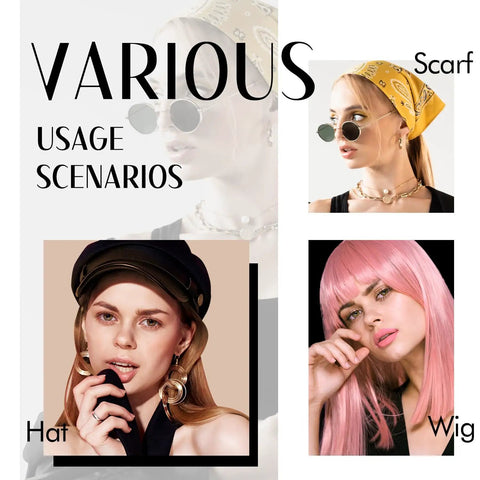 Various styling scenarios with a wide wig grip band for lace front wigs, velvet non slip holder with adjustable hook and loop fastener