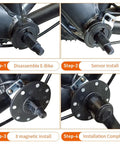 Four installation steps for Electric Bicycle KT PAS 8 Magnet Speed Sensor with waterproof 3 pin SM plug for ebike conversion.