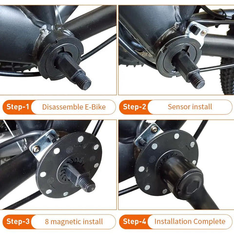 Four installation steps for Electric Bicycle KT PAS 8 Magnet Speed Sensor with waterproof 3 pin SM plug for ebike conversion.