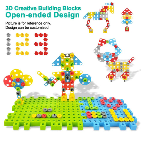 STEM Gear Building Toys Set With 248 Pieces And Electric Drill, figures built from colorful blocks on green base