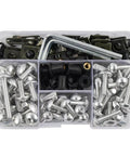 All In One Motorcycle Fasteners Kit With Bolts Nuts Washers Screws And Clips For Bike Mods, Maintenance, Upgrades, And Customizing Your Ride With Heavy Duty Durable Steel Hardware Gearhead Approved. assortment in organizer tray with silver bolts, nuts, washers, screws, and clips