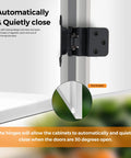 Close-up of black semi-concealed kitchen cabinet door hinge installed, showing self-closing mechanism and door bumpers