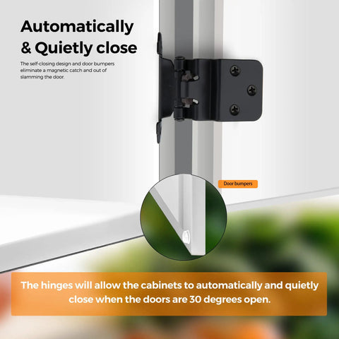 Close-up of black semi-concealed kitchen cabinet door hinge installed, showing self-closing mechanism and door bumpers