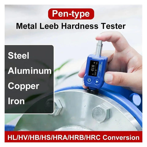 Pen-type Metal Leeb Hardness Tester displayed in hand measuring hardness on a metal surface, Tough As Nails And Ridiculously Lightweight DC Impact Device Leeb Hardness Tester For Metal Grading Fast Shots Confined Area Testing Works Like A Dream Dual Coil Digital Gauge Pro Tool.