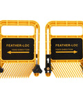 6 Inch Adjustable Feather Board And Tough As Nails ABS Push Block for table saw, paired in yellow, showing feed direction.