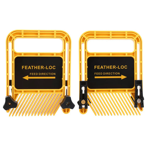 6 Inch Adjustable Feather Board And Tough As Nails ABS Push Block for table saw, paired in yellow, showing feed direction.