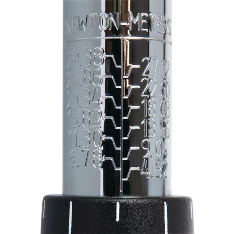 Close-up of markings on Three Eighths Inch Drive Torque Wrench With 250 Inch Pounds Capacity, Dual Scale Inch Pounds And Newton Meters.