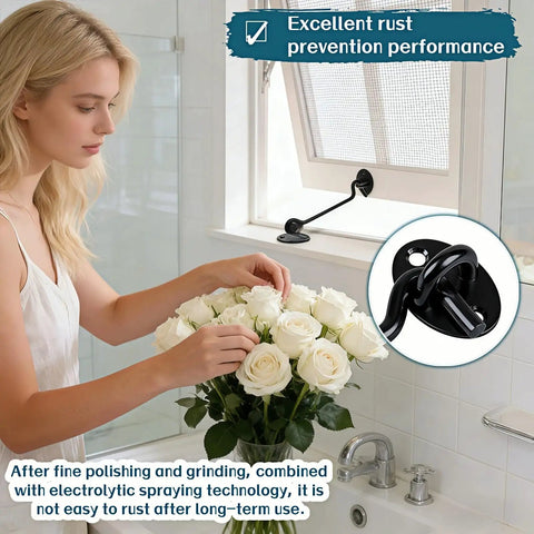 Heavy Duty 6 Inch Hook And Eye Locks 2 Pack Rock Solid Stainless Steel Barn Door Latch shown securing a window with white roses.