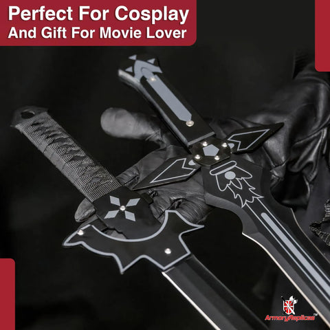 Kiritos Dark Repulser Elucidator Dual Sword Set with Back Sheath, stainless steel blades, held in gloved hands, cosplay display