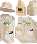 Kids Explorer Costume Set 36 Pcs With Plastic Explorer Hats Vest And Tote Bag For Outdoor Adventure Party Favors Jungle Theme Halloween Birthday Fun Sturdy And Waterproof Dress Up Gear, showing vests, hats, and tote bags.