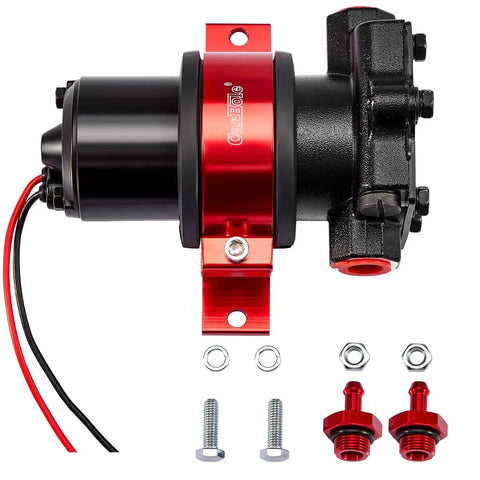 110 GPH Electric Fuel Pump 12V High Flow With Mounting Bracket Heavy Duty Gasoline Transfer Pump For Auto 13-14 PSI 5/16 Inch Hose Adapters Durable Metallic Black Body with red mounting bracket