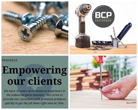 Assorted screws and power drill set with BCP Fasteners branding alongside hands-on screw installation process and empowering message.
