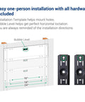 Installation guide for Heavy Duty Garage Wall Shelving Kit, showing wall template and bubble level for easy mounting.