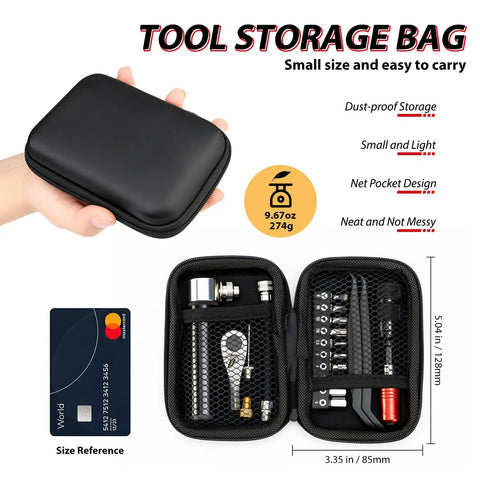 Bike Repair Tool Kit With Mini Pump And 10 Magnetic Bits Alloy Multitool storage bag showing contents and size reference.