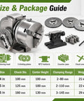 Built Tough 4 5 6 Inch 3 Jaw Chuck Dividing Head With MT2 Tailstock Precision Plates displayed with size and package guide.